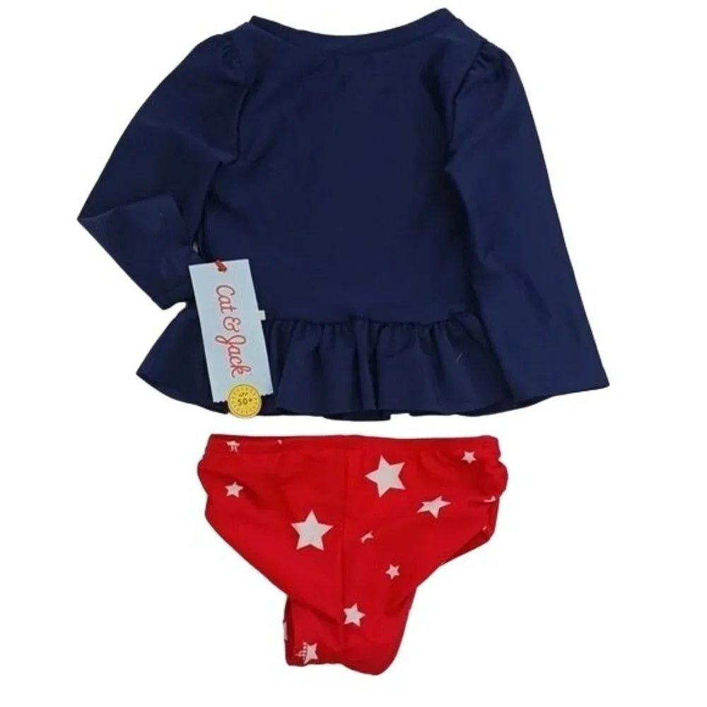Cat & Jack Swimsuit Red White Blue Patriotic Unicorn 2 Piece Baby Girl Size 12M